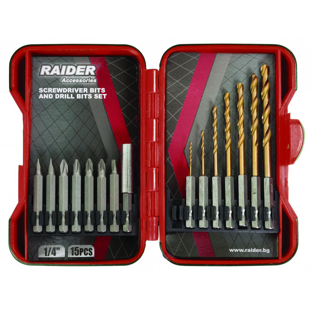 Накрайници и свредла 1/4″ 15 бр. К-т RAIDER  1/20