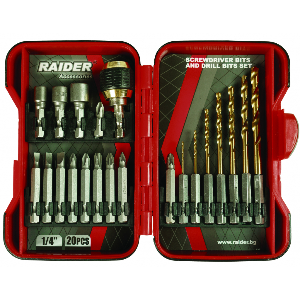 Накрайници и свредла 1/4″ 20 бр. К-т RAIDER  1/20