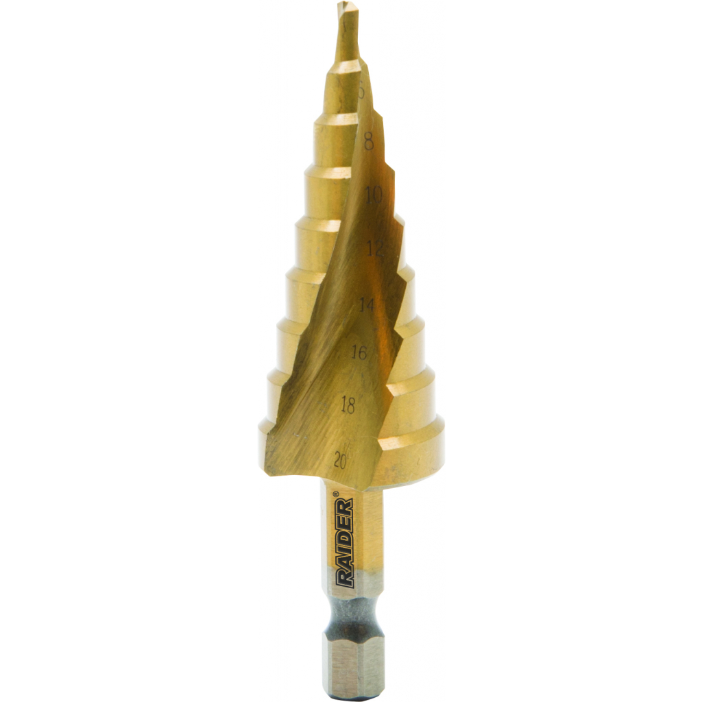 Свредло за ламарина стъпаловидно HEX 1/4″ HSS+TIN spiral flute ф 4-20mm  1/1
